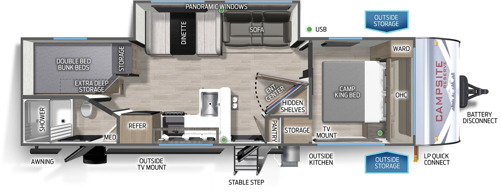 The Campsite Ultra 26CJL floorplan has two entries and one slide out. Exterior features include: fiberglass exterior, 18' awning and outside kitchen. Interiors features include: bunk beds and front bedroom.