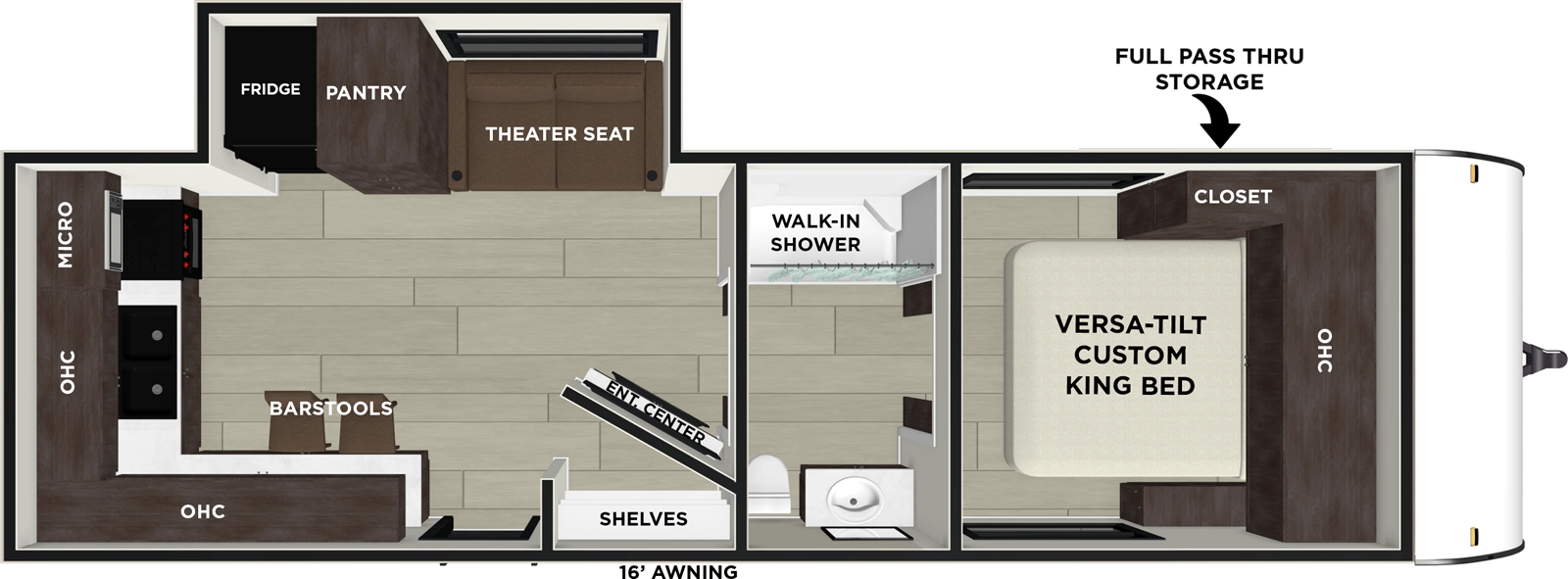 The Evo Northwest 2290ER floorplan has one entry and one slide out. Exterior features include: metal exterior and 16' awning. Interiors features include: rear kitchen, front bedroom and pass through bathroom.